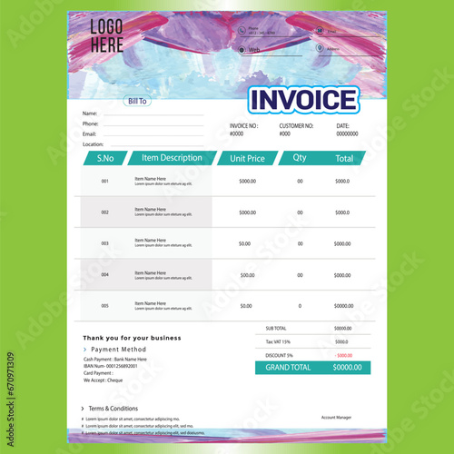 Invoice Template Design, Corporate Invoice Design Template, Vector Invoice Template, Cash Memo, Vector Quotation Design Template