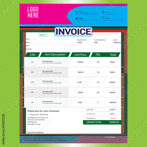 Invoice Template Design, Corporate Invoice Design Template, Vector Invoice Template, Cash Memo, Vector Quotation Design Template