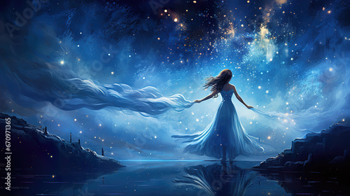 a beautiful girl dancing in night under a lot of stars on sky