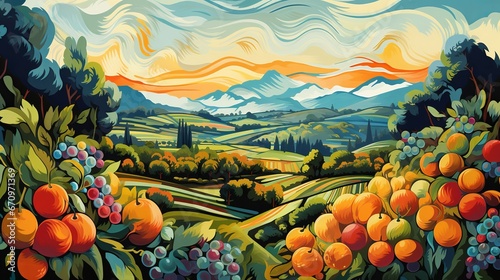 illustration of fields of fruits van gogh style clean vector, Generative ai