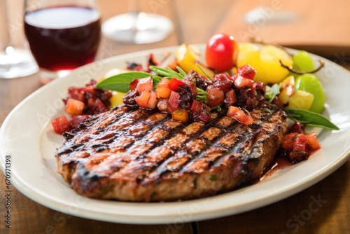 grilled chop with fruit chutney on the side