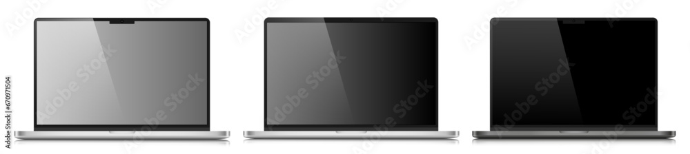 A set of realistic laptop layouts in a silver metal case with reflection. Three laptops with gray and black screens on a white background. Vector illustration.