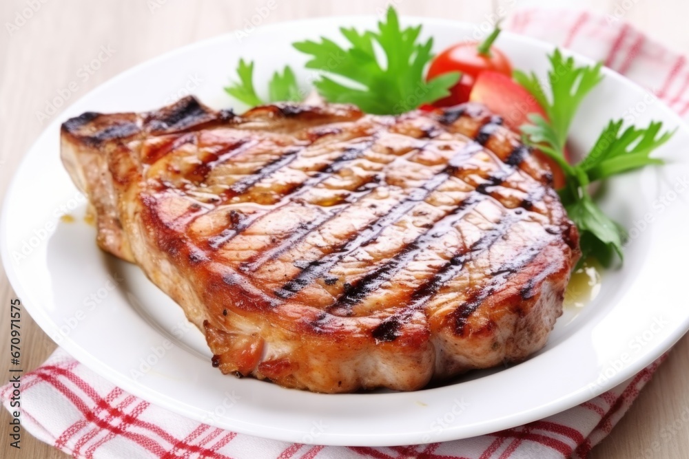 grilled pork chop on a white ceramic plate
