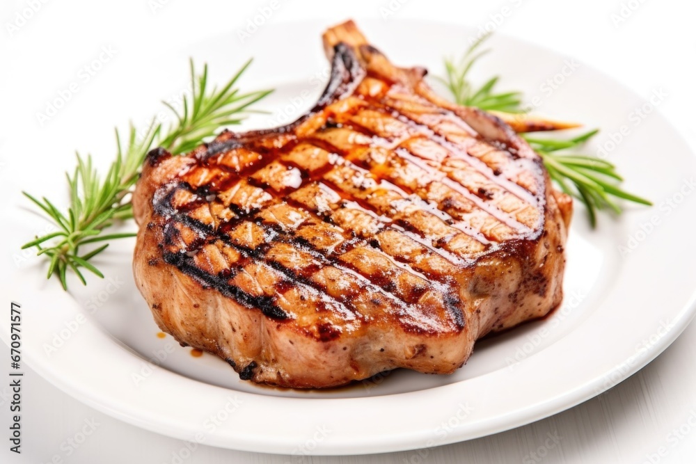 grilled pork chop on a white ceramic plate