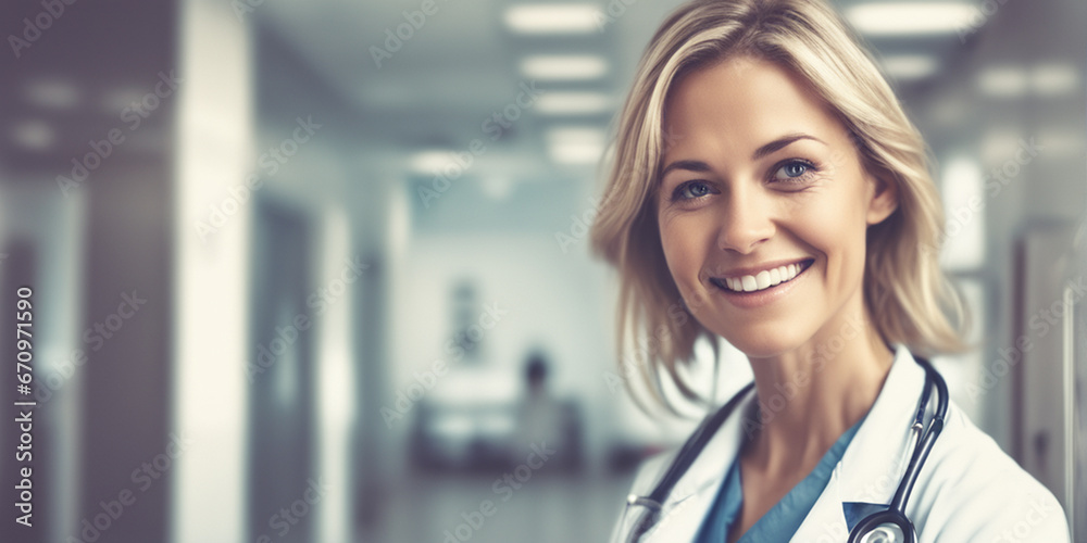 Beautiful American woman good doctor nice fashion half body eye contact and background empty space for design in USA Beautiful American woman good doctor nice fashion half body eye contact and background empty space for design in USA
