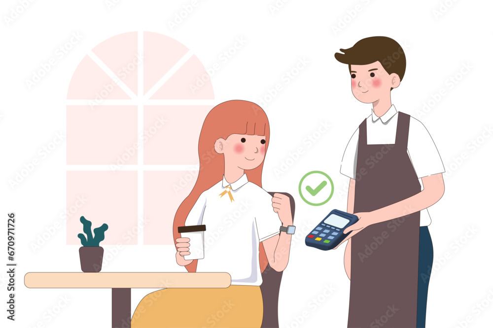 Customer use mobile cashless payment system or scan qr code. Characters using virtual credit card on smartwatch. Hand paying with POS terminals and NFC technology. vector illustration Customer use mobile cashless payment system or scan qr code. Characters using virtual credit card on smartwatch. Hand paying with POS terminals and NFC technology. vector illustration