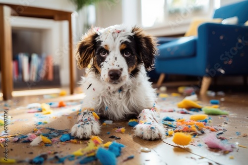 Mischief dog made a mess while being home alone in the living room photo