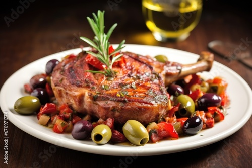 pork chop garnished with pimento stuffed olives