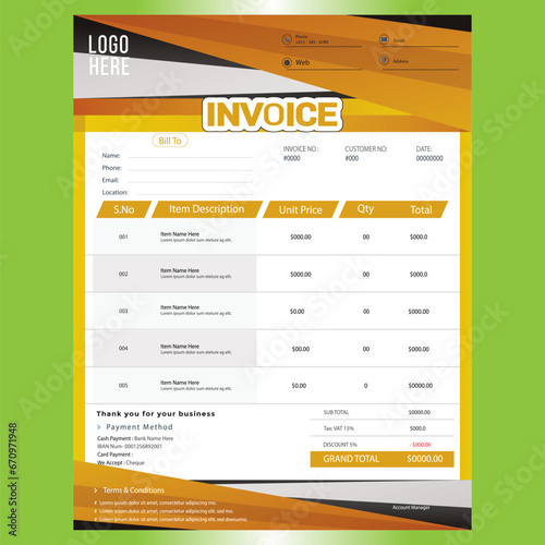 Invoice Template Design, Corporate Invoice Design Template, Vector Invoice Template, Cash Memo, Vector Quotation Design Template