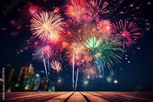 Wooden balcony background with free space against colorful fireworks backdrop on New Year's celebration or various festivals.