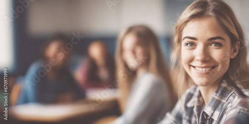 Beautiful American woman good employee nice fashion half body eye contact and background empty space for design in USA