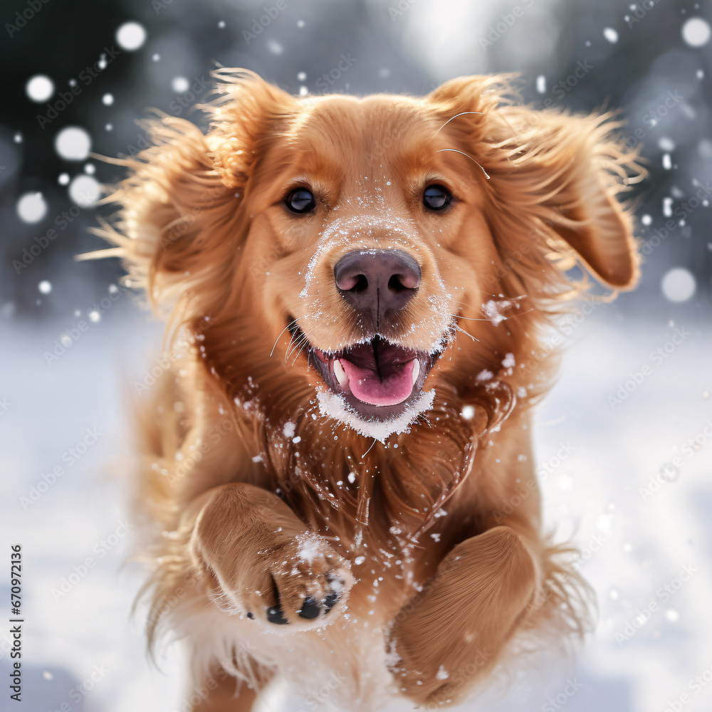 Playful golden retriever puppy having fun in the snow, dog plays in winter