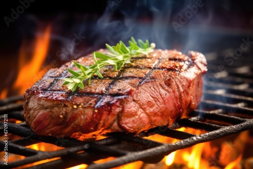 grilled steak on barbecue with smoke wafting up