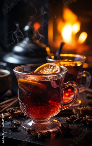 Delicious mulled wine and blurred fireplace on background