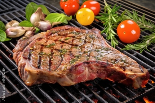 grilled porterhouse steak on a stone slab with herbs