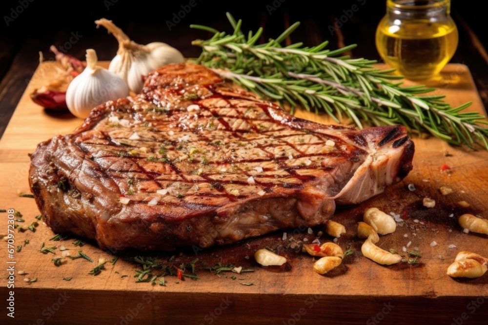 grilled porterhouse steak with garlic cloves on the surface grilled porterhouse steak with garlic cloves on the surface