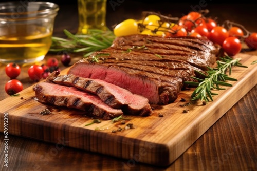 sliced grilled porterhouse steak on a board