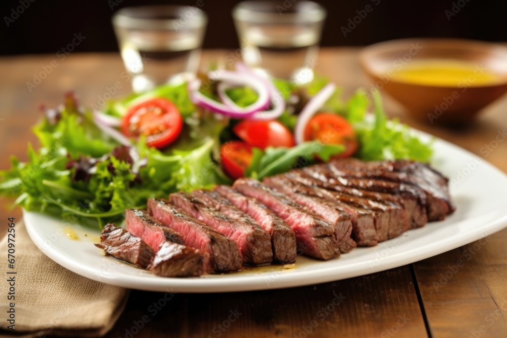 grilled steak on a ceramic plate with side salad grilled steak on a ceramic plate with side salad