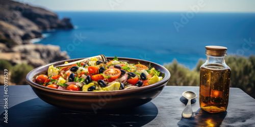 Summer salad presented on rustic table overlooking turquoise ocean 