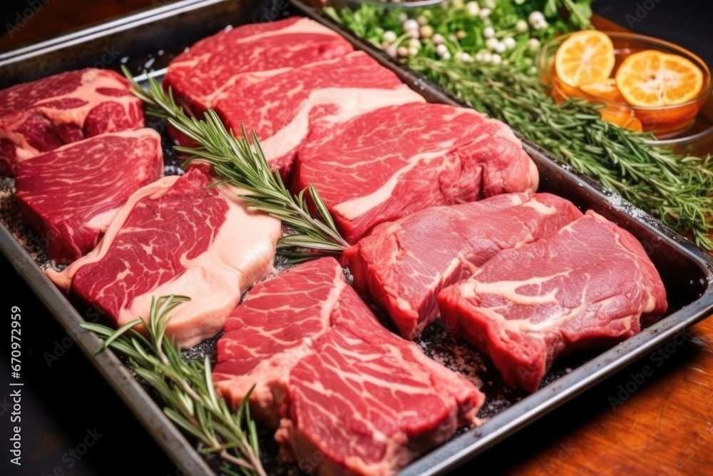 a variety of raw ribeye steaks on a butcher shop tray