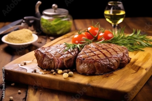 grilled ribeye steak served on a wooden board
