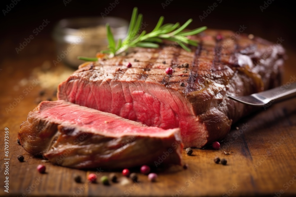 grilled ribeye steak sliced, showcasing pink center