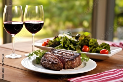 table with grilled ribeye, red wine, and green salad