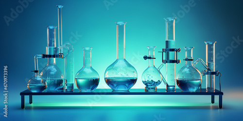 A blue background with a chemistry lab on a table with lots of different colors of stuff inside. Some glassware and some bio stuff too. AI Generative 