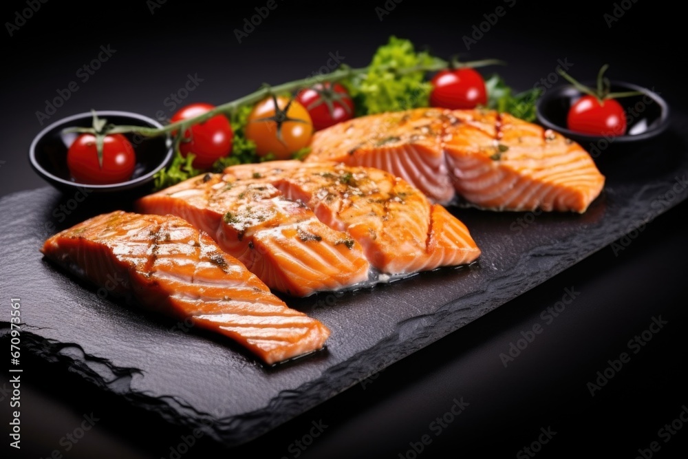 grilled salmon steak served on a black plate grilled salmon steak served on a black plate