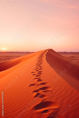 Long line of footprints in the sand of desert.