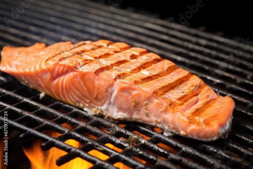 delicious salmon steak on grill, skin side down