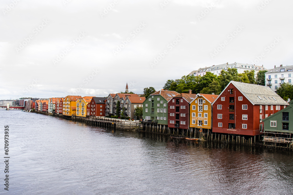 CItyscape Trondheim in Norway. Colorful houses in Norway.