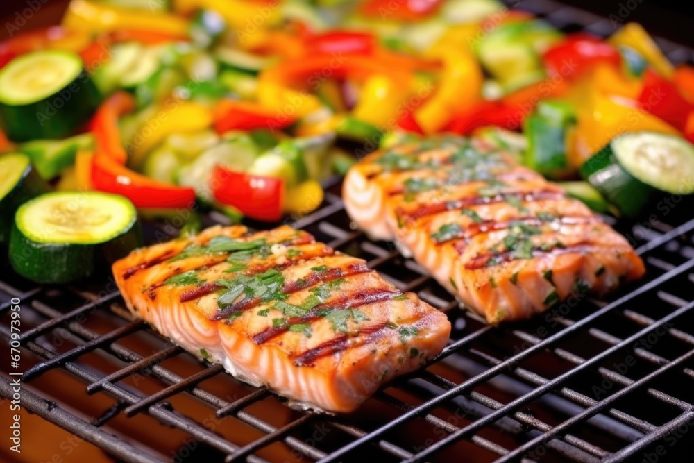 salmon steak on grill with bell peppers and zucchini
