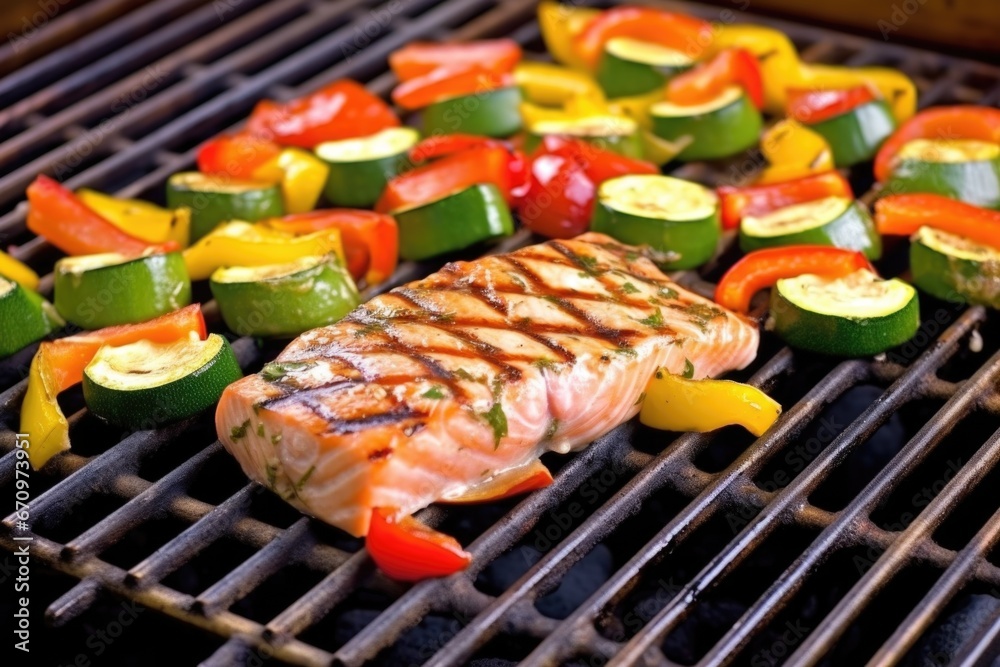 salmon steak on grill with bell peppers and zucchini