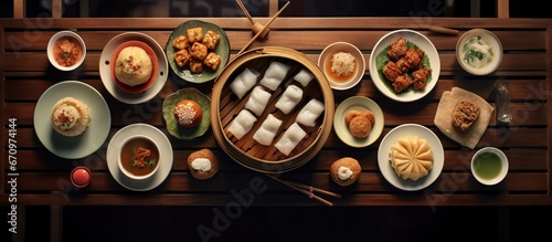 Dim sum serving on a wooden table