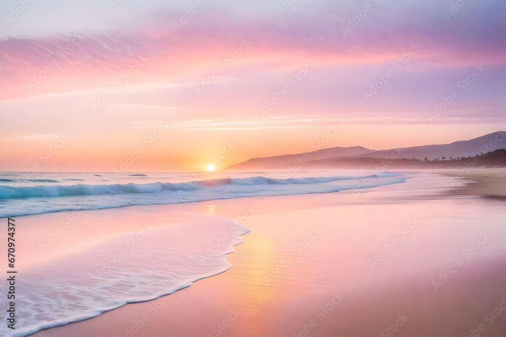 an image of a serene beach scene at sunrise,