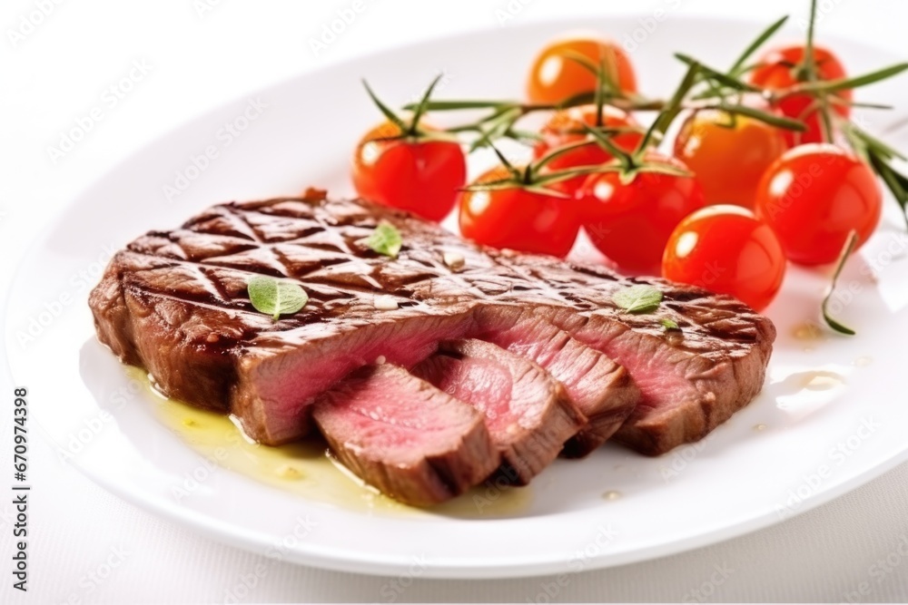 a grilled sirloin steak served on a white plate