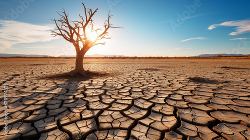 Dead trees on dry cracked earth metaphor Drought, Water crisis and World Climate change. made with generative ai
