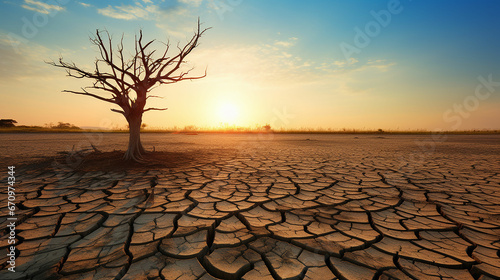 Dead trees on dry cracked earth metaphor Drought, Water crisis and World Climate change. made with generative ai
