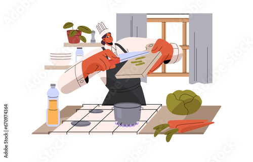 Professional chef cooking food, cook eating, prepare soup. Woman boiling dish in pan, add fresh vegetables, carrot, cabbage. Vegetarian culinary. Flat isolated vector illustration on white background