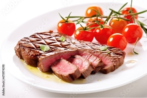 a grilled sirloin steak served on a white plate