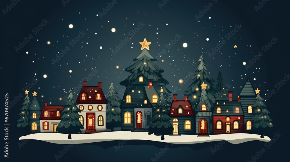 Fototapeta premium Cute Christmas houses in a row. Christmas New Year banner. Cozy winter scene illustration in vintage style