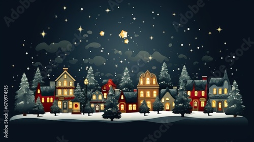 Cute Christmas houses in a row. Christmas New Year banner. Cozy winter scene illustration in vintage style   © Tatsiana
