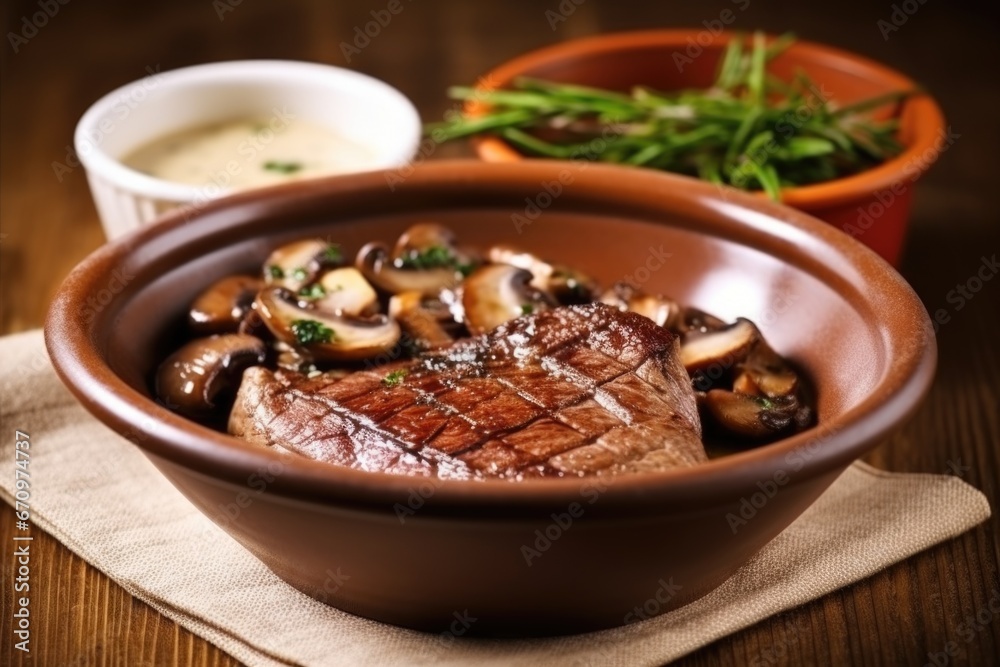 juicy grilled sirloin steak with mushroom sauce served in a bowl juicy grilled sirloin steak with mushroom sauce served in a bowl