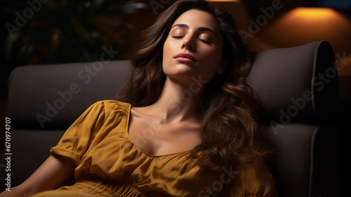 A beautiful young woman sleeps on the sofa in the room © Anna