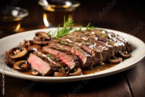 juicy grilled sirloin steak with mushroom sauce served in a bowl