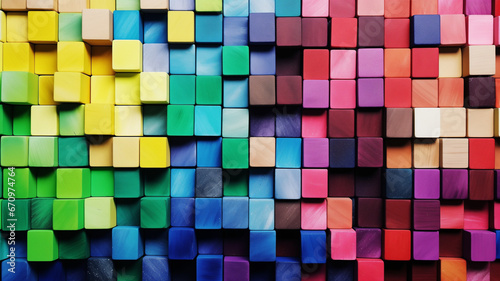 Spectrum of stacked multi-colored wooden blocks. Background 