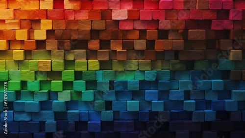 Spectrum of stacked multi-colored wooden blocks. Background 