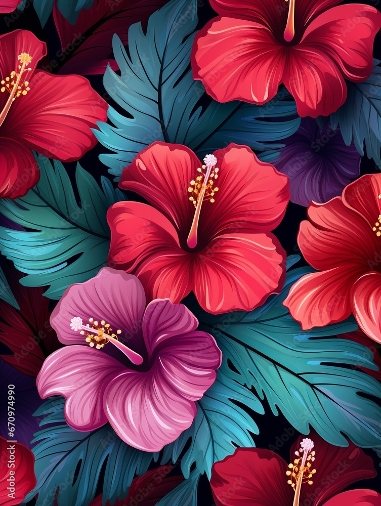 illustration of hibiscus flowers seamless pattern in 3d style color, Generative ai