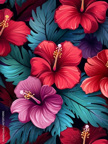illustration of hibiscus flowers seamless pattern in 3d style color  Generative ai